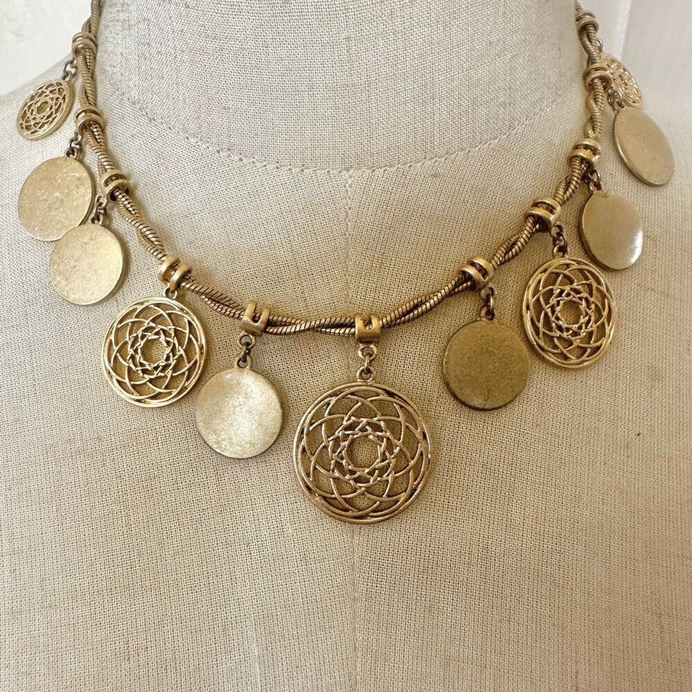 Gold tone discs dreamcatcher necklace